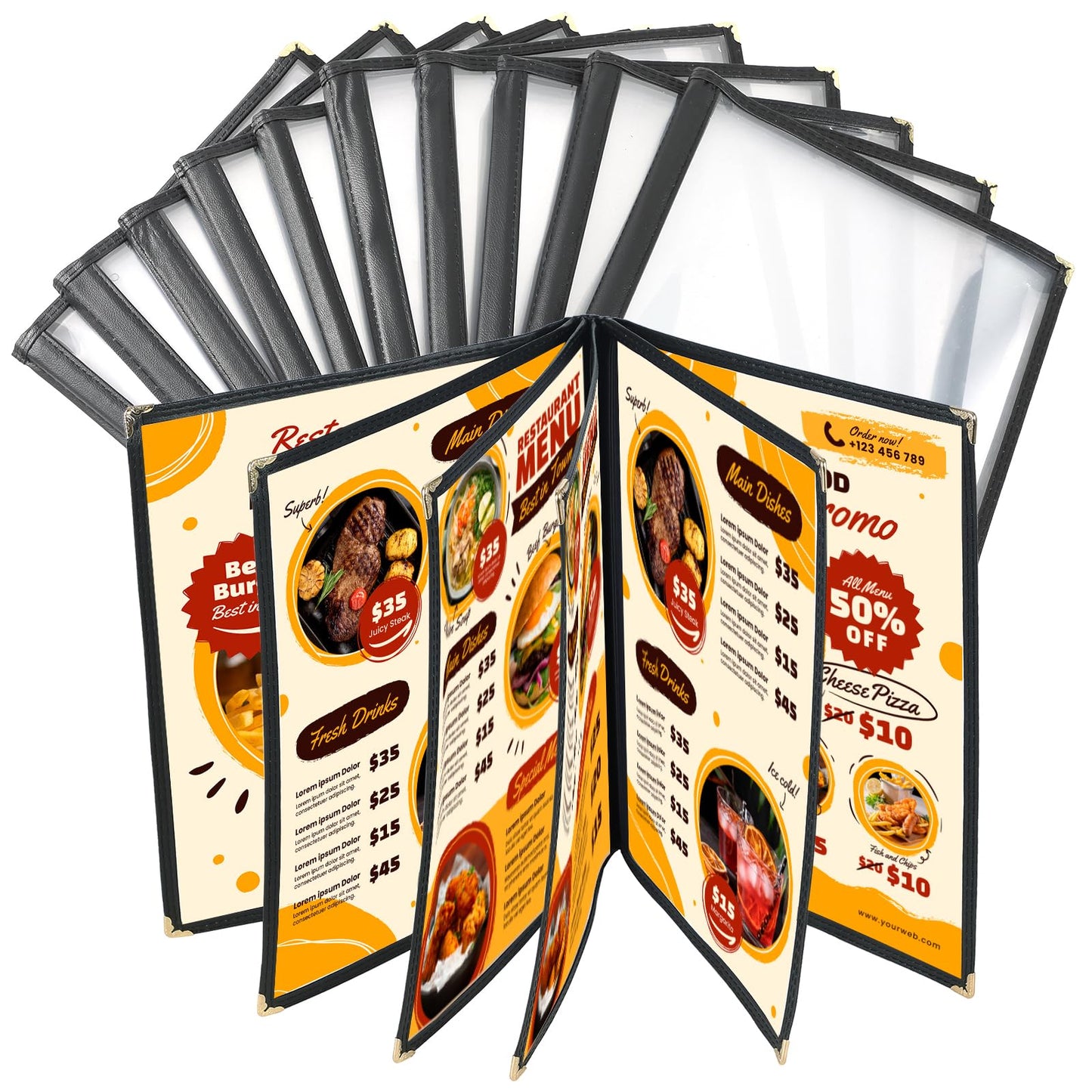 FLKQC Transparent Restaurant Menu Covers 8.5 x 11 | Restaurant Recipe Menu Covers Transparent Restaurant Menu Covers for Kitchen, Drink, Wine Menu Covers Black (10, 6 Page)