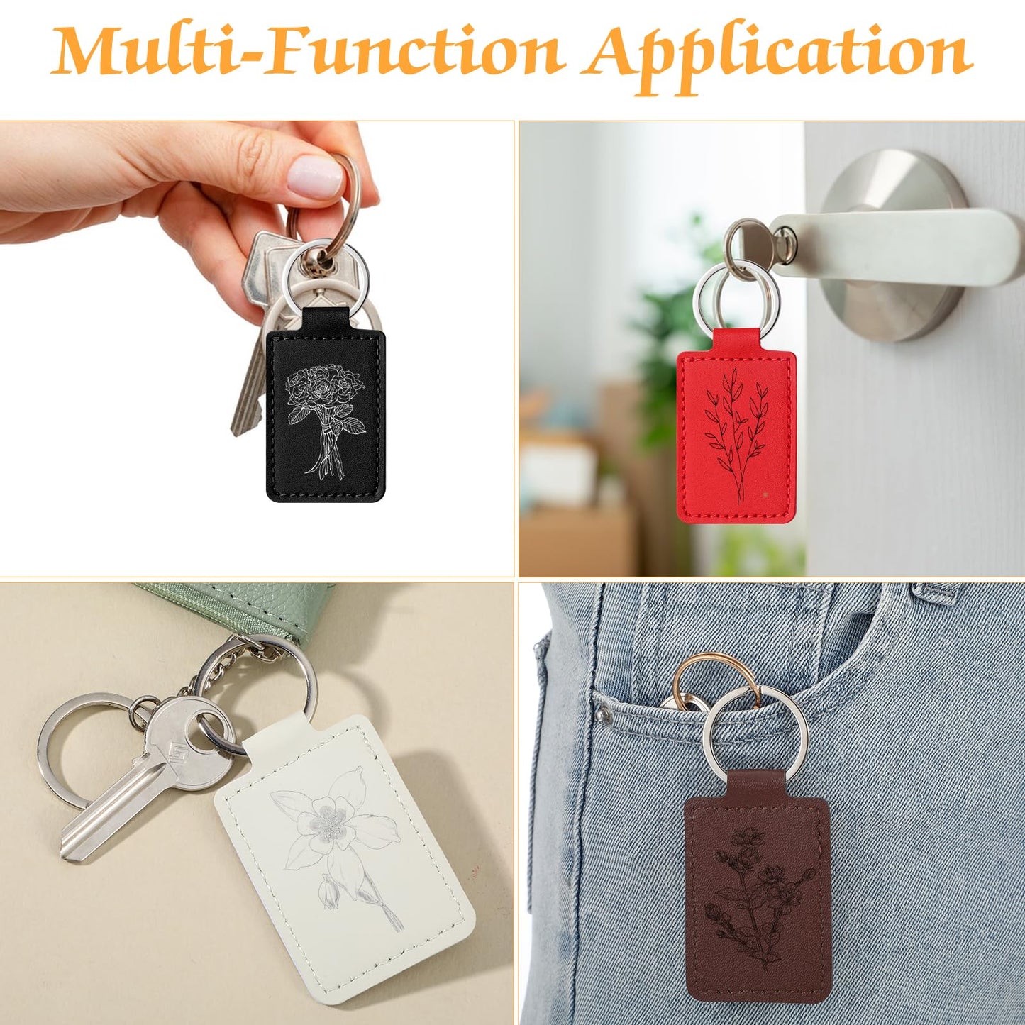 60 Pcs Rectangular Leather Keychain Blanks Kit PU Leather Laser Engraving Blanks with Key Rings for DIY Crafting, 6 Colors