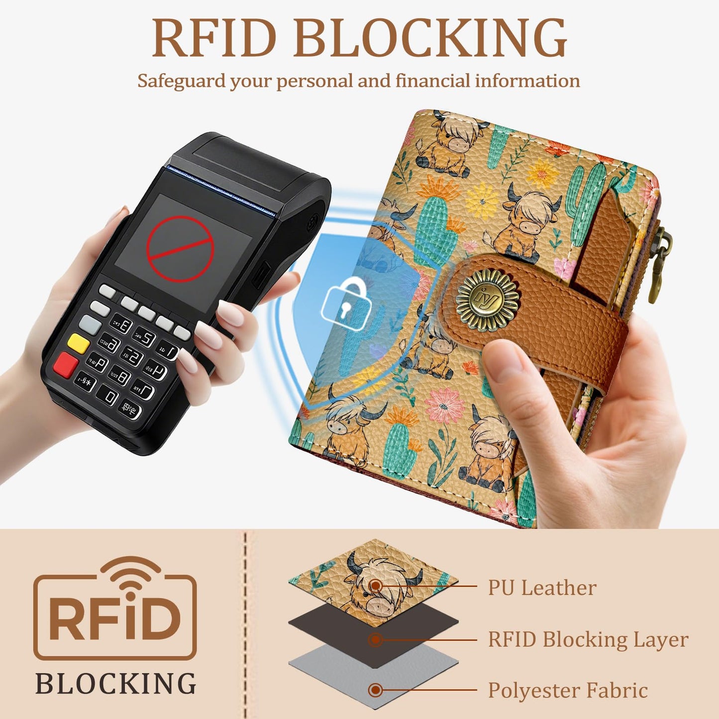 Icycay Highland Cow Small Wallet Women RFID Blocking Bifold, Cute Credit Card Holder, Zipper Coin Pocket, PU Leather, Compact, Travel, 4 ID Window, 14 Card Slots, Cash Purse, Ladies Woman