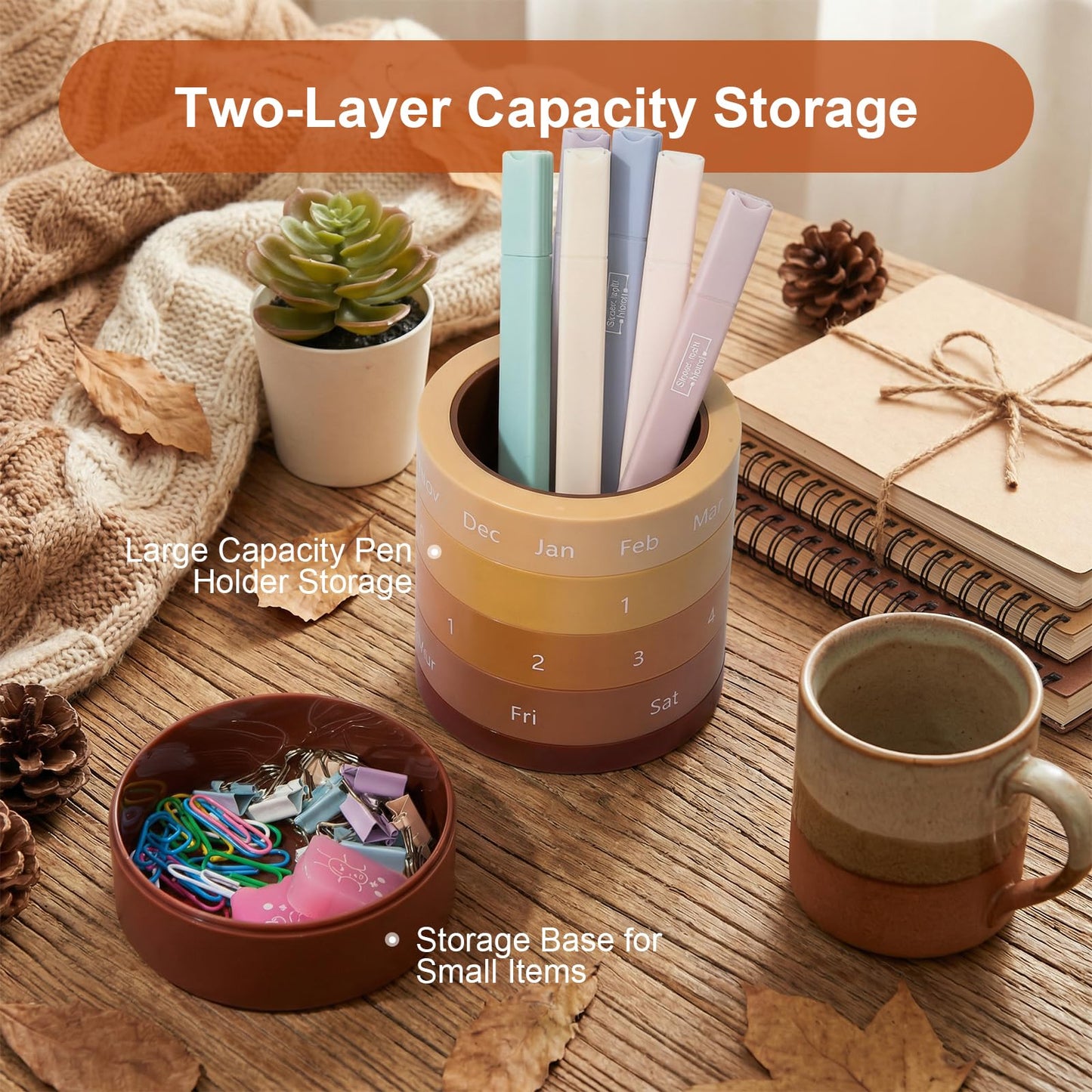 Comix Calender Pen Holder for Desk, Cute Pencil Holder Pen Organizer, Brown Platsic Pen Pencil Cup for Home School Office Supplies