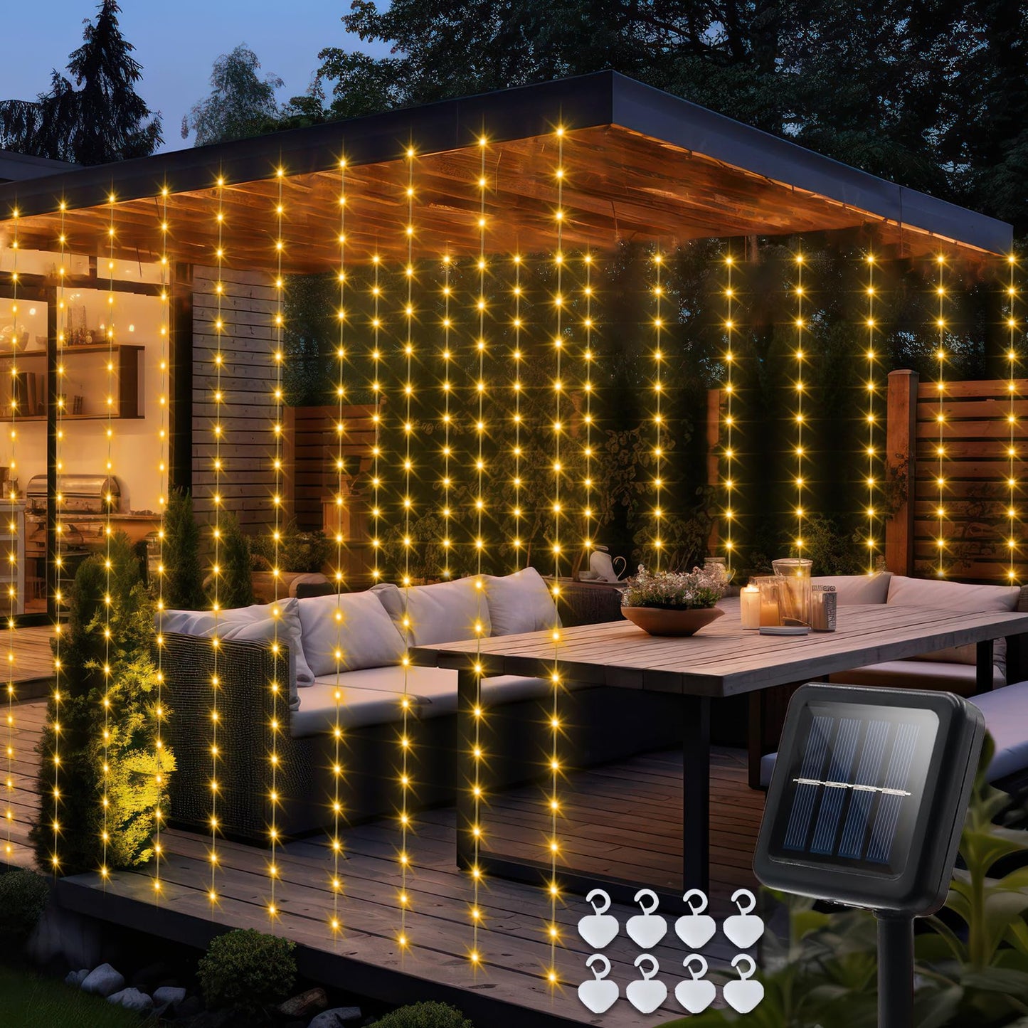 echosari Solar Curtain Lights 7.9ft x 6ft 144 LED Outdoor Curtain Lights Waterproof with Timer 8 Modes for Christmas Garden Patio Fence Wedding Wall Window Gazebo Decor - Warm White