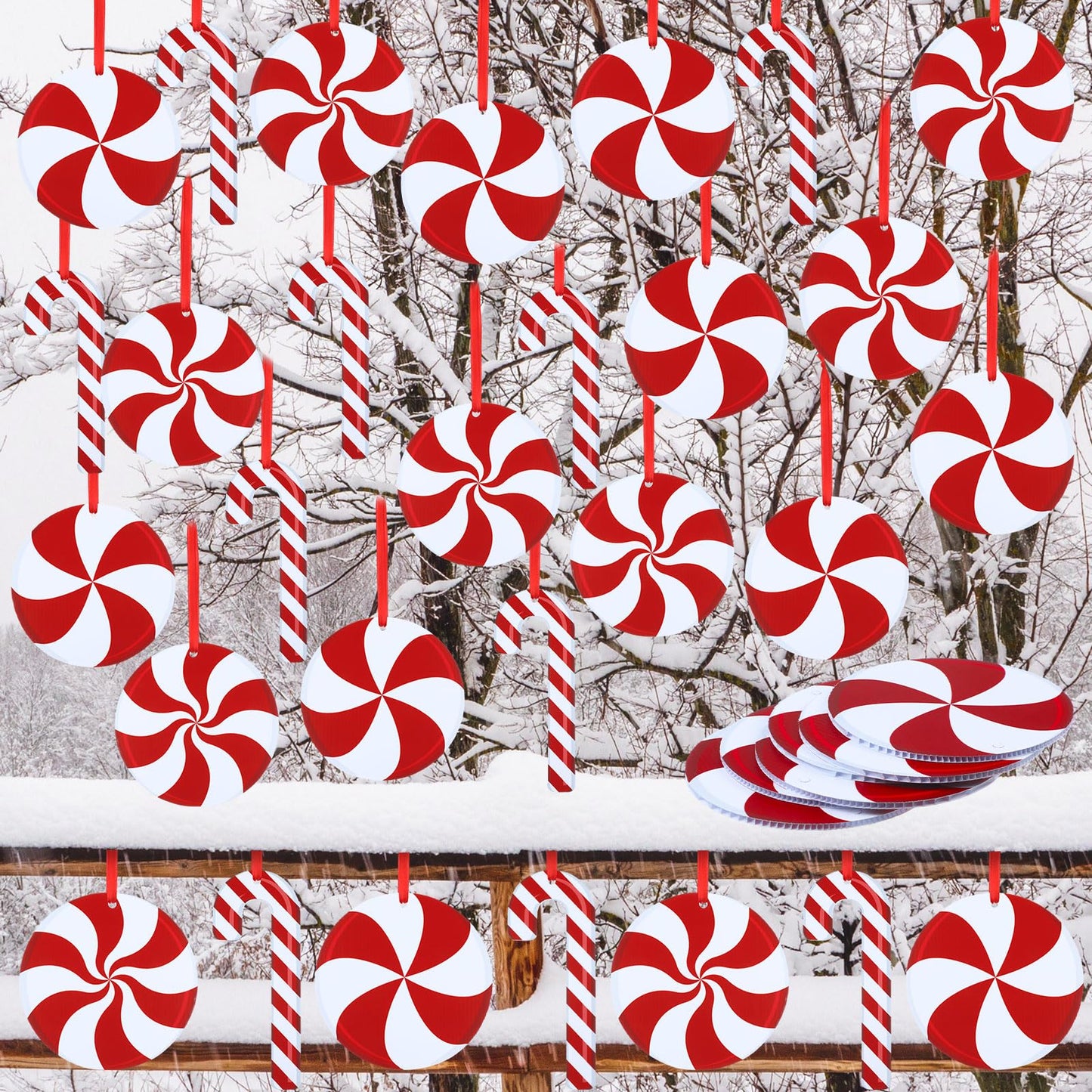 Soaoo 30 Pcs Outdoor Christmas Candy Cane Decorations Hanging Peppermint Christmas Yard Signs Double Sided Lawn Decorations Plastic Outside Hanging Yard Decor for Xmas Tree Porch Home
