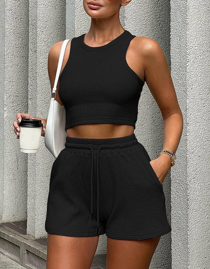 Lingswallow 2 Piece Women Lounge Sets - Sleeveless Crop Top and Shorts Waffle Lounge Set Tracksuits Sweatsuits for Women
