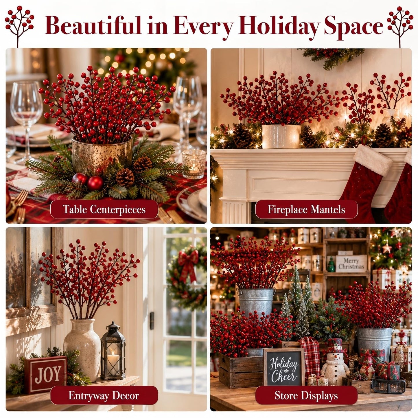RAINFLOW Red Berry Stems for Christmas Tree - 12 Pcs Artificial Holly Berries 8 Inch Berry Branches No Shedding for Wreath Garland Holiday Home Decor Indoor Outdoor