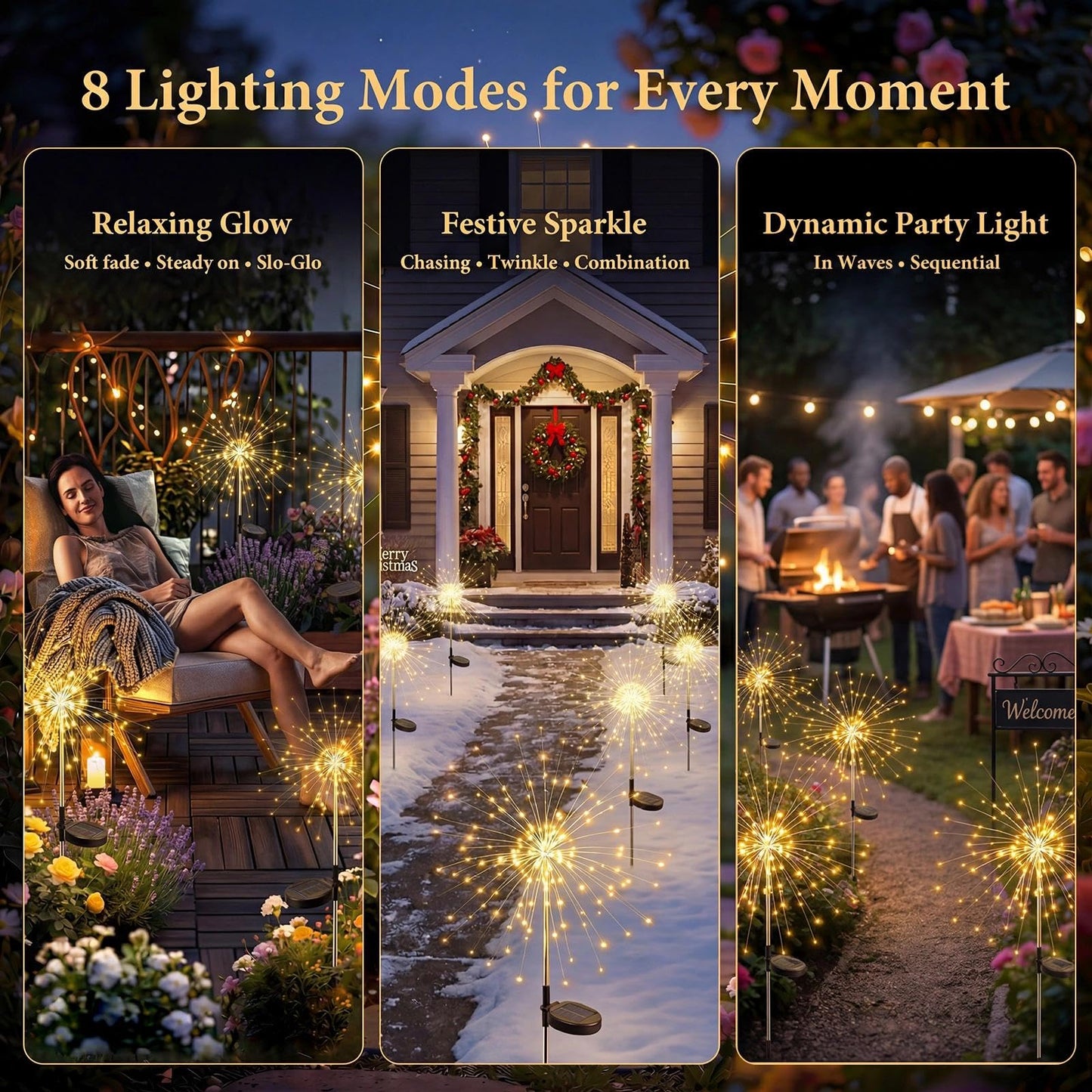 Fairdeer Solar Firework Lights Outdoor 2 Pack, 120LED Starburst Garden Lights Solar Powered with 8 Lighting Modes, Waterproof Decorative Lights for Flower, Walkways, Garden Patio & 4th of July Decor