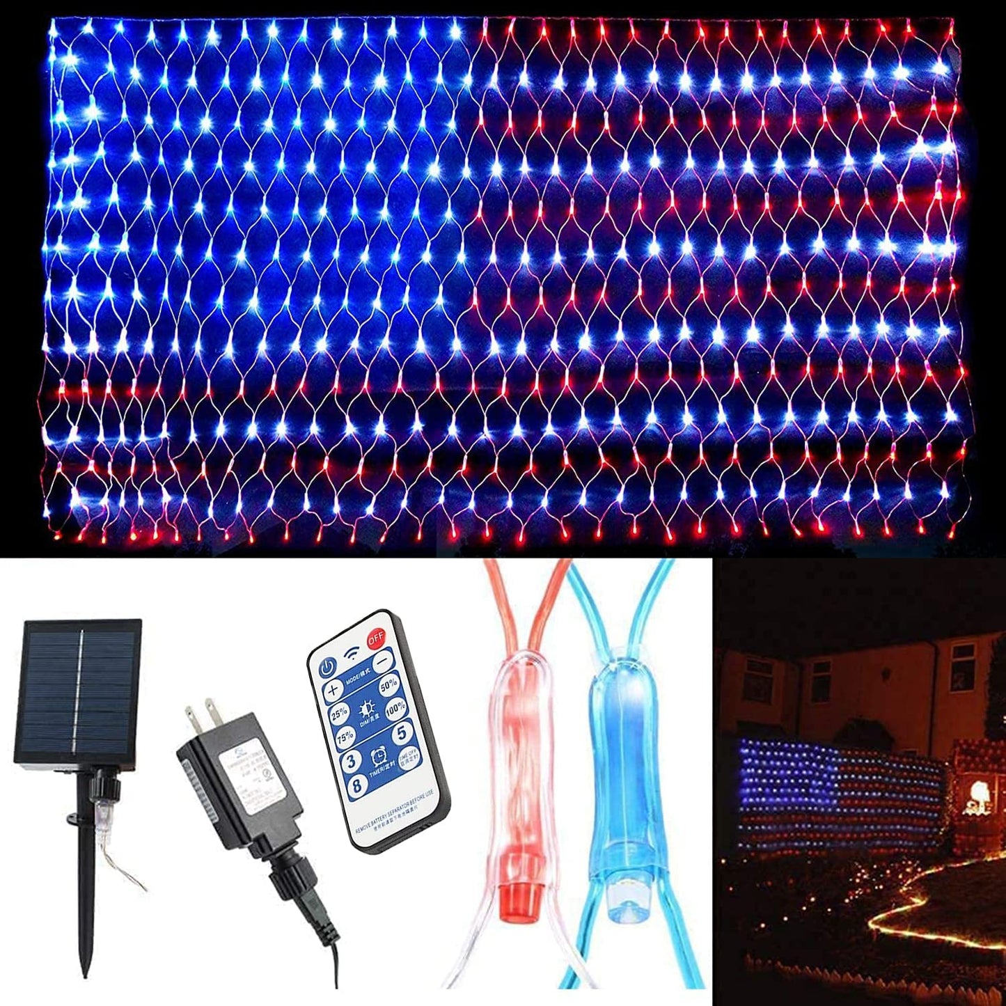 FUNIAO (Upgraded) 2-in-1 Solar Powered American Flag Lights, 420 LED Flag Net Lights, Remote Controlled Waterproof Patriotic Ornament for Memorial Day, 4th of July, Presidential Election, Christmas