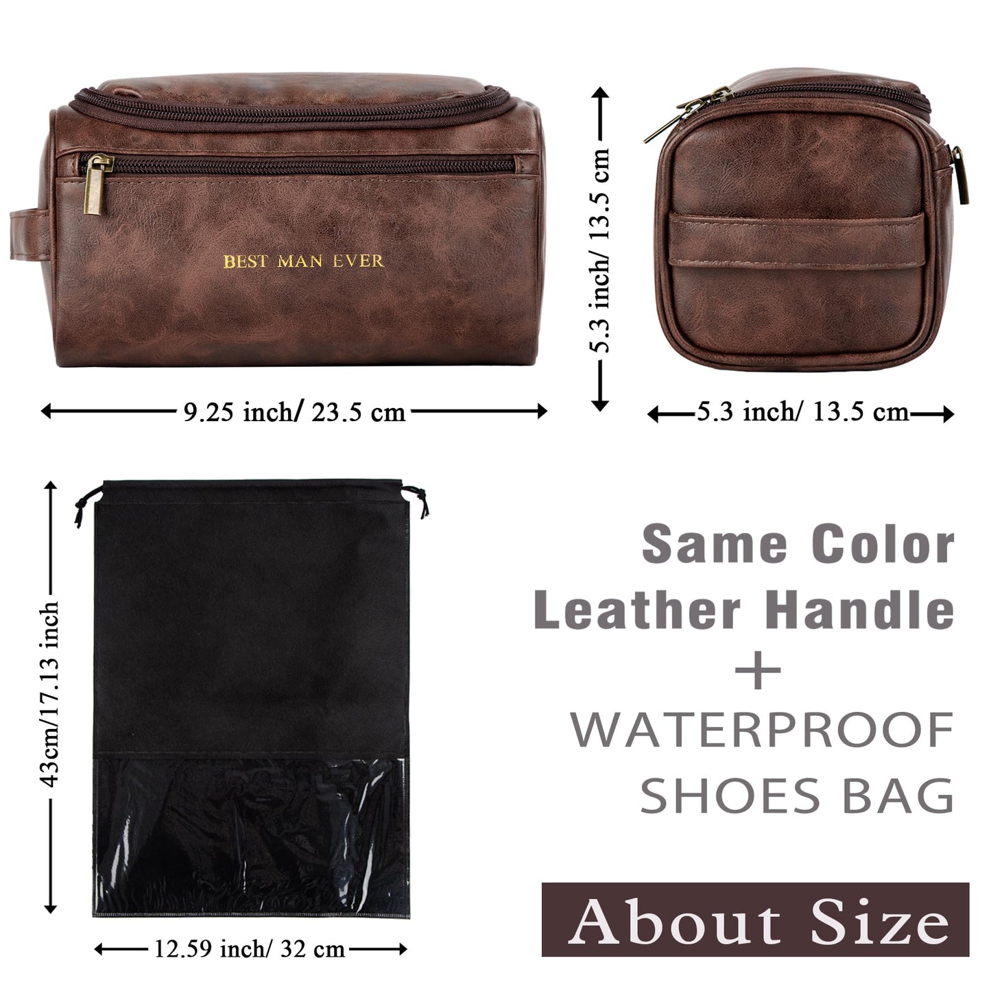 Flycalf Mens Toiletry Travel Bag Groomsmen Father Dad Mens Leather Toiletries Grooming Bag for Men Shaving Bag Hanging Water Resistant Organizer (Brown)
