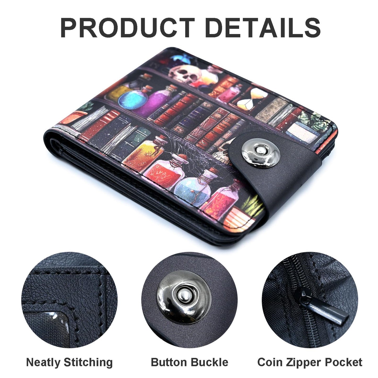 Tezmd Bookshelves Skull Small Wallet Leather Slim Bifold Credit Wallets RFID Blocking Card Holder Zipper Coin Pocket Cash Purse with ID Window