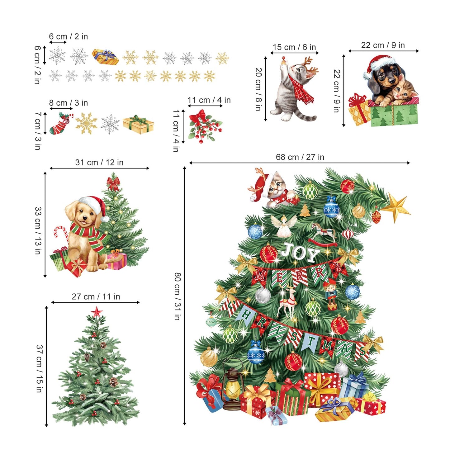 wondever Large Christmas Tree Wall Stickers Evergreen Tree Christmas Dogs Cats Peel and Stick Wall Art Decals for Window Xmas Home Party