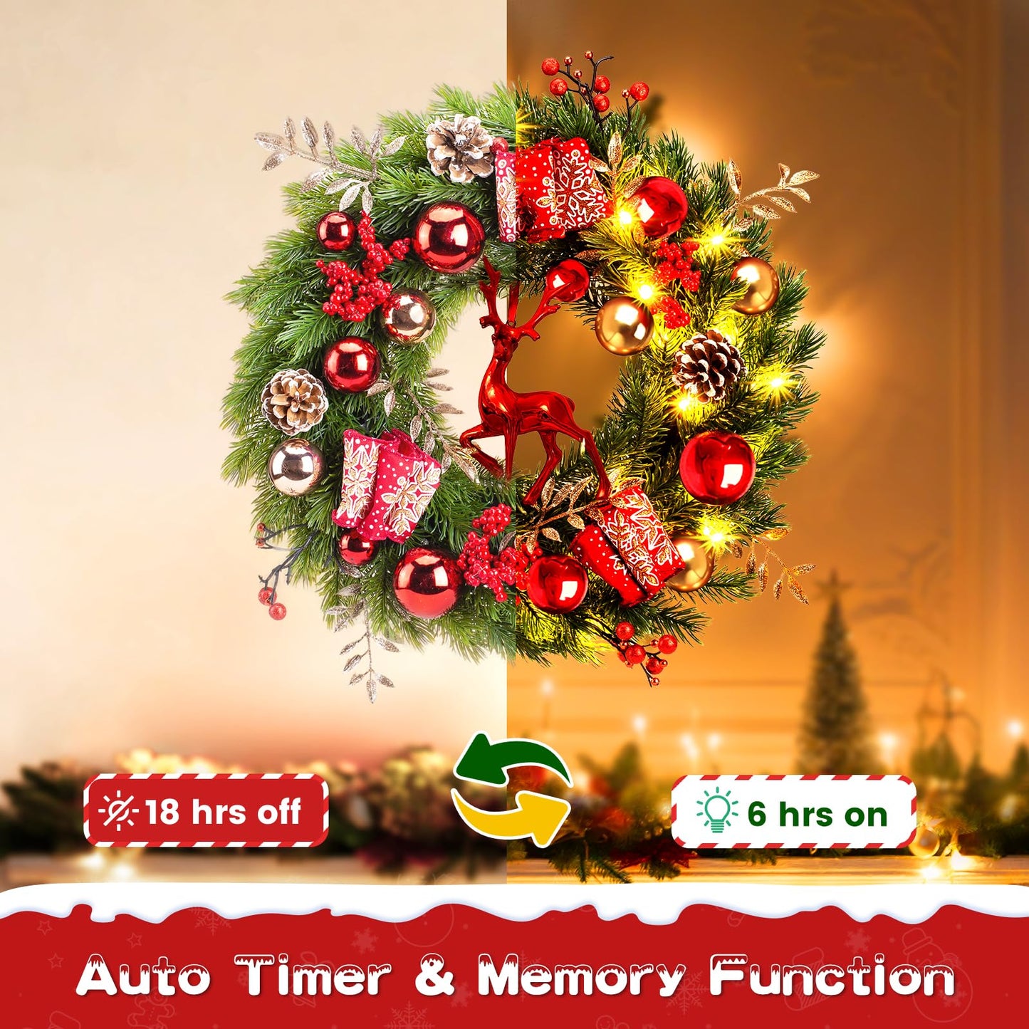 Quntis Lighted Christmas Wreath Front Door - 16'' Reindeer Winter Wreath with 8 Modes Timer, Red Gold Balls, Snowflakes, Pine Cones, Berries for Indoor Outdoor Holiday Windows Fireplace Mantel Porch