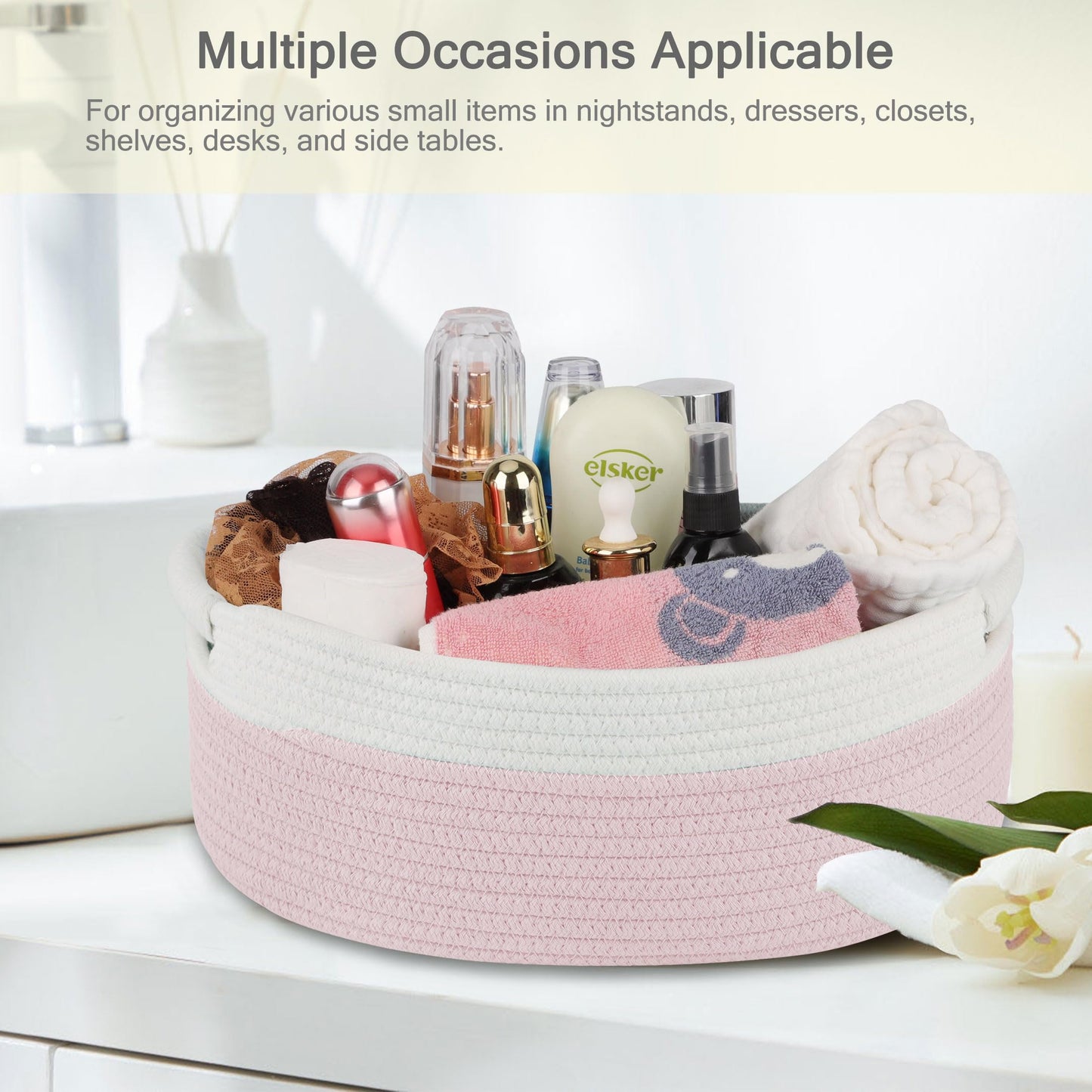 BOSROTY Small Woven Basket with Gift Bags and Ribbons, Empty Baby Gift Baskets, Shelf Storage, Small Cat Dog Pet Toy Boxes, 13”x 9”x 5.5”, Light Pink