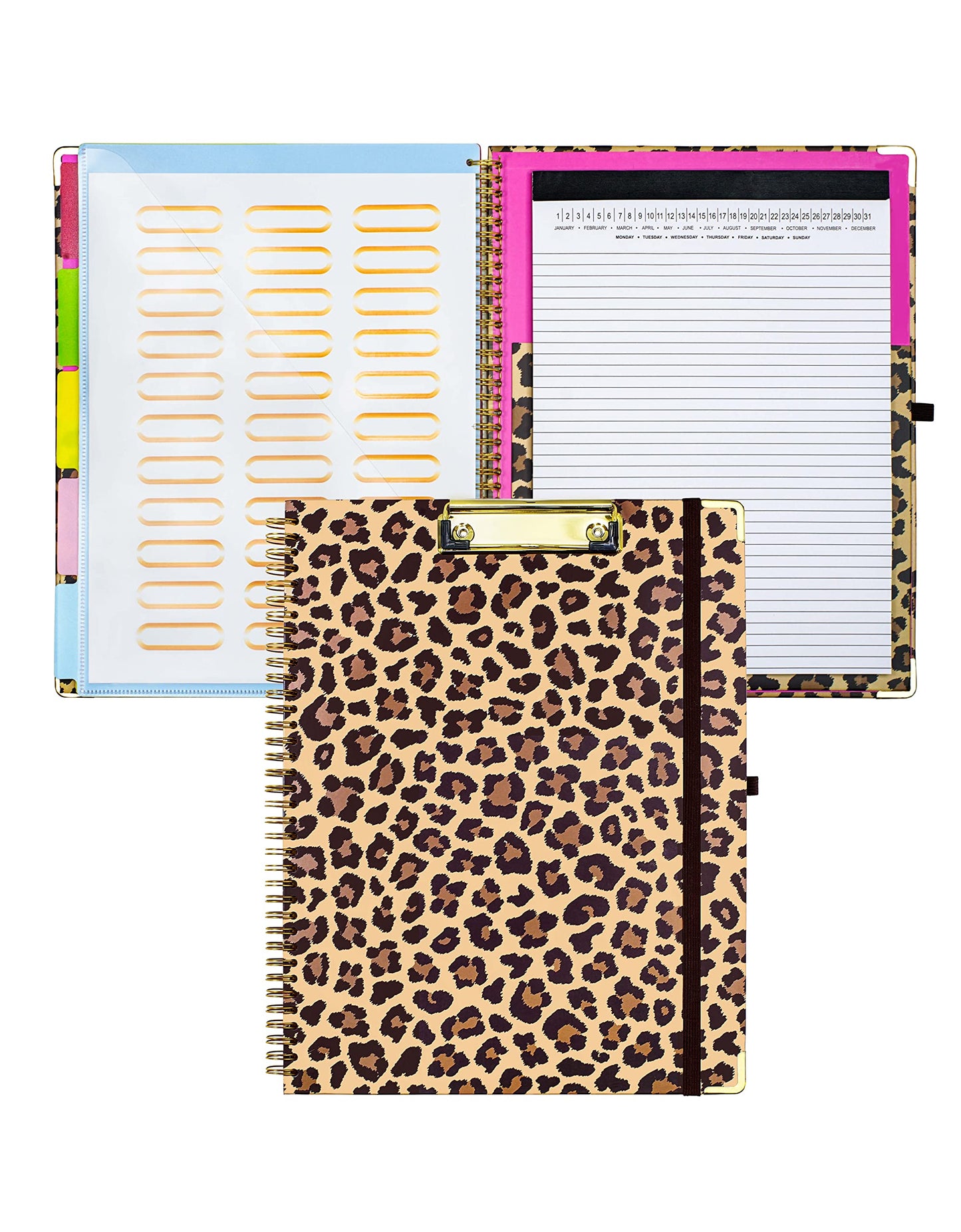 Mymazn Clipboard with Storage, Clipboards Folio with Refillable 11"x8.5" Legal Pads,5 Extra Folders with Storage 10 Pockets for Documents, Portfolio Binder with Pen Holder for Men Women (Leopard)