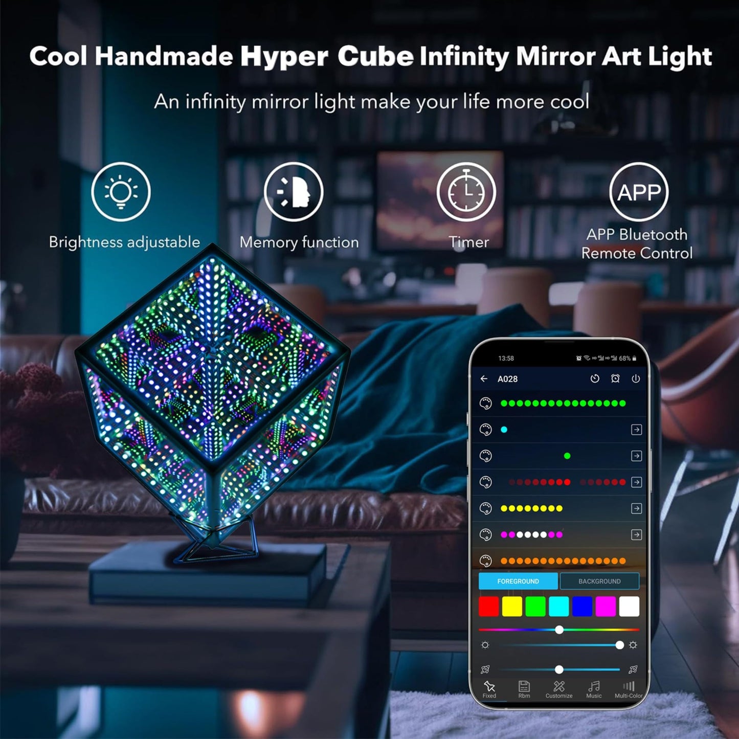 Heepulor Infinity Mirror Hyper Cube Table Lamp, Desk Art Night Light, Color-Changing Music-Sync APP-Controlled Ambient Light for Gaming, Party, Home, Gift (8.2 Inches)