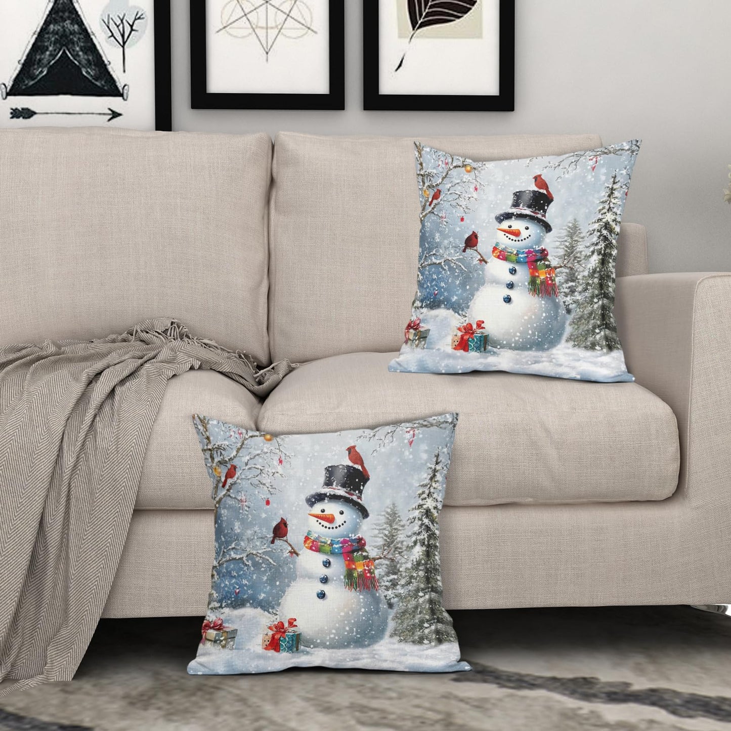 Evlaschin Snowman Pillow Covers Set of 2 Winter Snowflakes Birds Christmas Decorative Throw Couch Pillowcases Cotton Linen Double Sided 20x20 Inches Xmas Trees Holiday Indoor Outdoor Cuchion Covers
