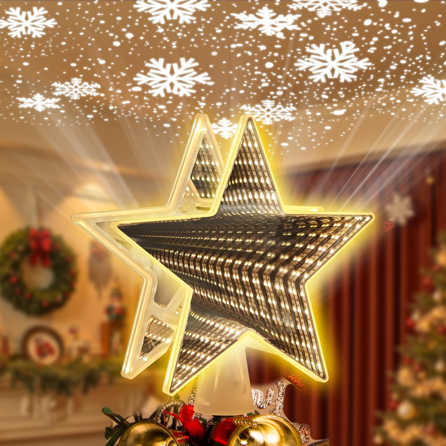Infinity Mirror Tree Topper, Christmas Tree Topper Lighted Star with 6 Projection Modes, Dual-Side 3D Sparkling Star Treetop, UL Certified Xmas Treetop for Holiday Christmas Tree Decor (Warm White)
