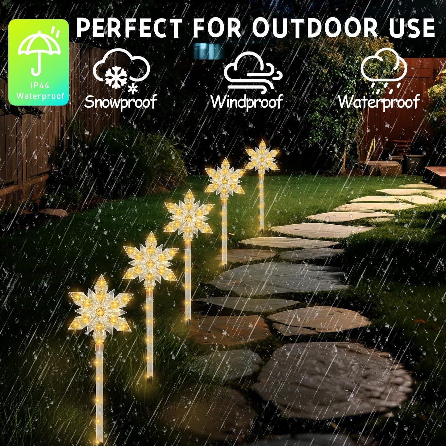 VOGVOG Snowflake Solar Christmas Pathway Lights, Set of 5 LED Outdoor Stake Lights, Waterproof Christmas Decorations for Garden, Yard, Lawn, Walkway, Patio Decor (Warm, 5pcs)