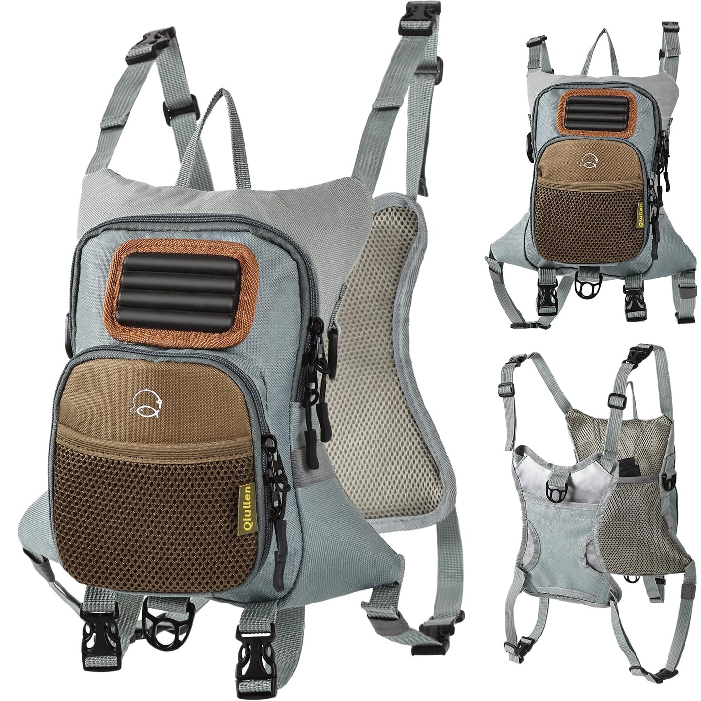 Qiullen Fly Fishing Chest Pack,Waterproof Tackle Bag with Zip-Down Workstation,Fly Box Storage,Net Holder,Adjustable Straps for Wading and Stream Fishing