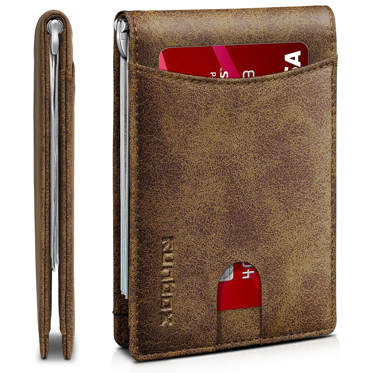RUNBOX Slim Wallet for Men Genuine Leather RFID Blocking Bifold Minimalist Front Pocket Mens Wallet with Money Clip Thin Gift Box