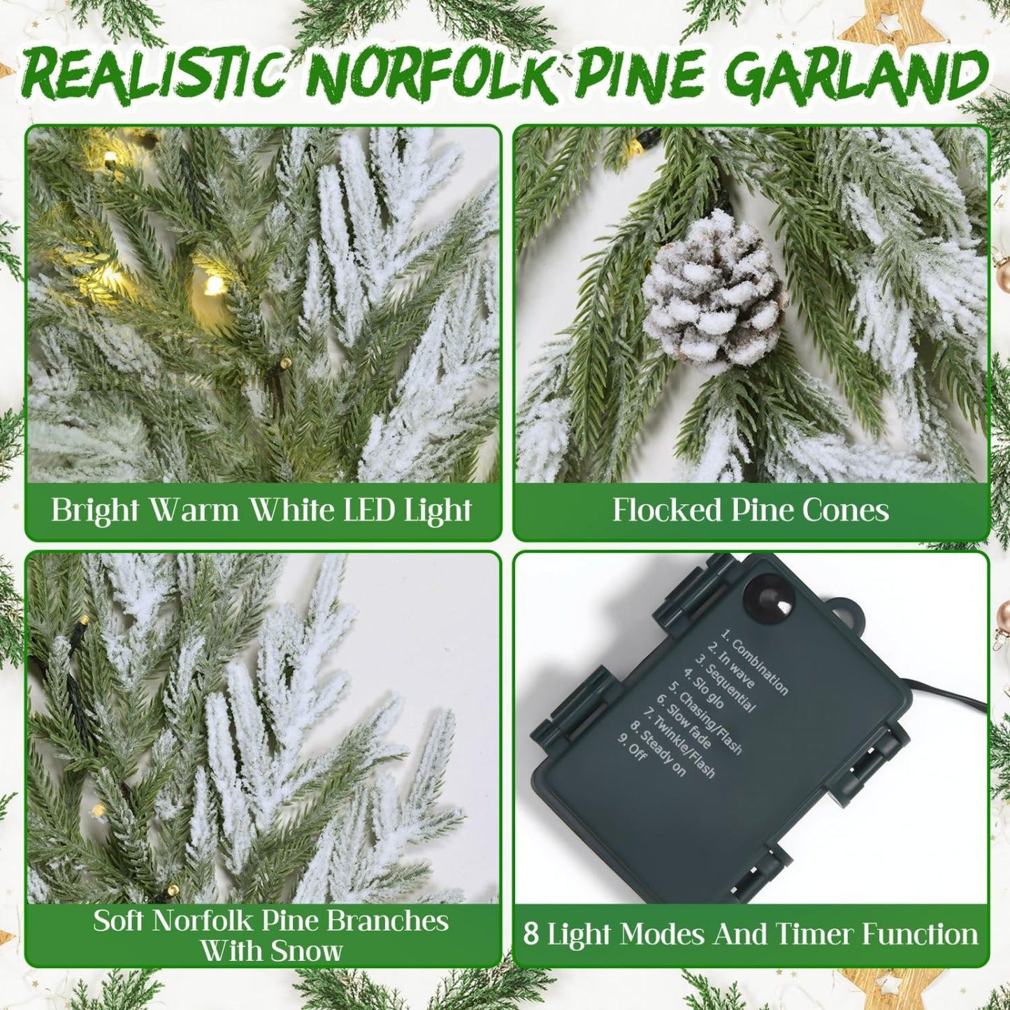 YoleShy 6FT Real Touch Norfolk Pine Garland Christmas Garland with Pinecone and White Snow Battery Operated Prelit Garland Christmas Decorations for Mantle Fireplace Xmas Home Decor