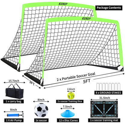 2 Set Kids Soccer Goals for Backyard with Training Equipment, 5×3 Portable Foldable Practice Nets with Ball, Dice & Mat, Cones, Air Pump and Carry Bag for Toddler Youth Outdoor Sports Game