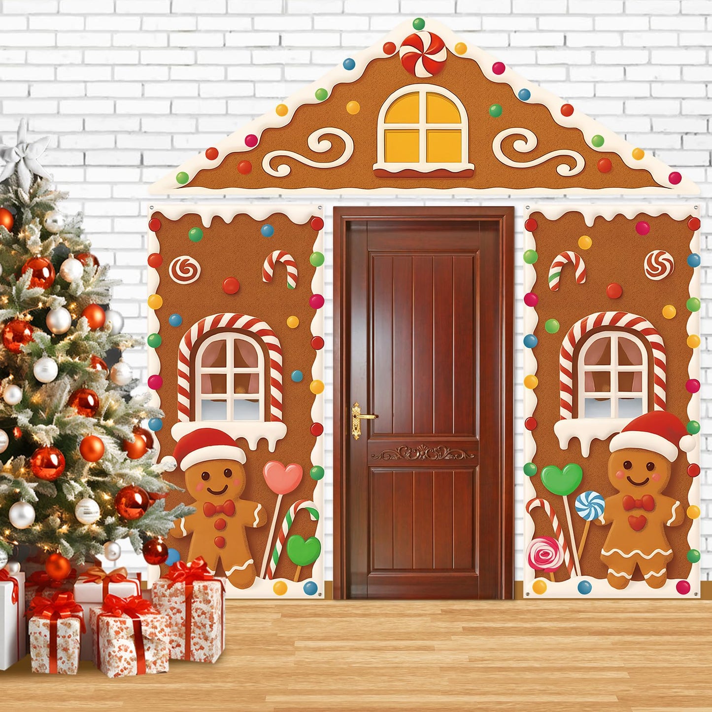 4Pcs Christmas Gingerbread House Door Cover Decorations, Gingerbread Door Cover Christmas House Backdrop for Xmas Photography Background Holiday Party Décor