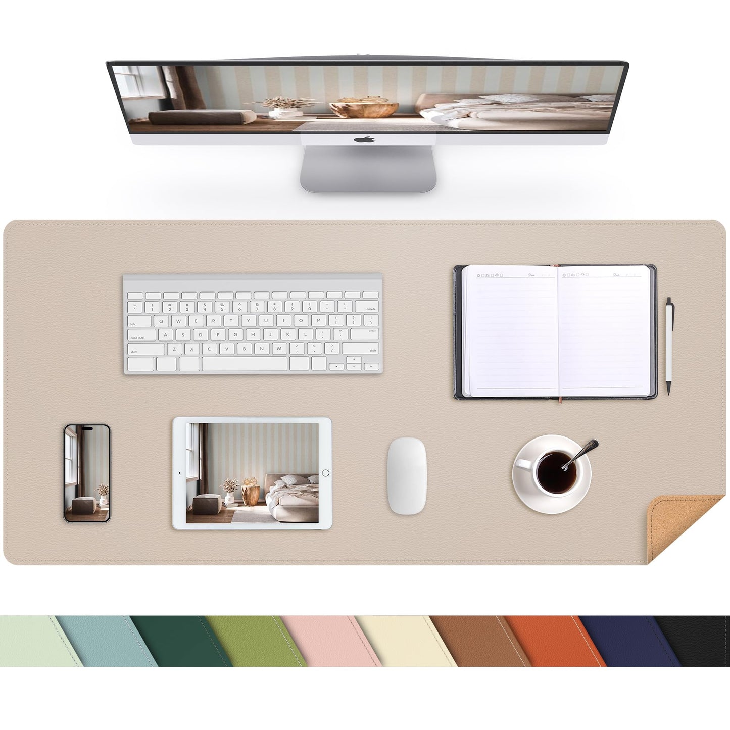 Leather Desk pad Protector, Large Desk mat with Natural Cork & PU Leather,Mouse pad,Non-Slip Office Desk Mat,Waterproof Desk Writing Pad for Office and Home (35in*17in,Beige)