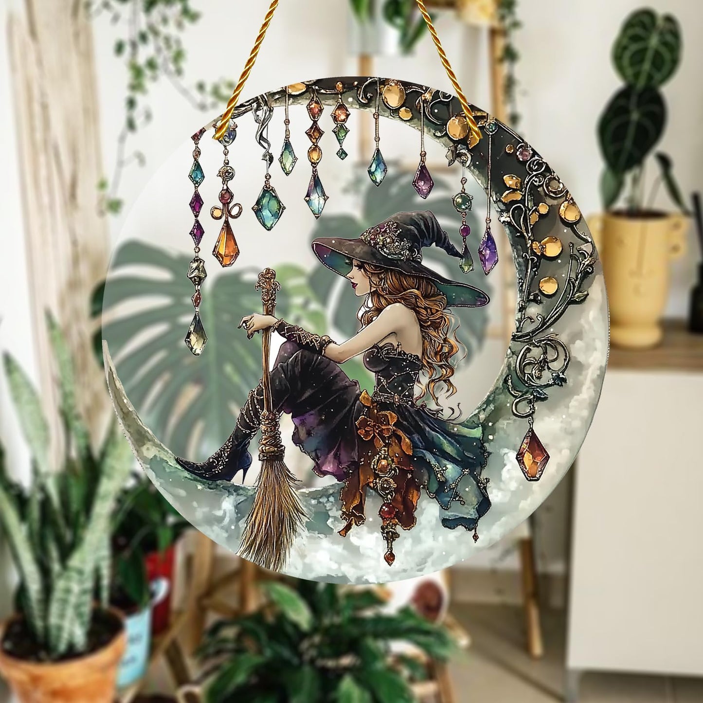 8x8 inch Charming Moonlight Witch Acrylic Stained Glass Window Hanging Sun Catcher Decor Stained Panel Hangings Wall Art Decor, for Friends and Family (Moonlight Witch)