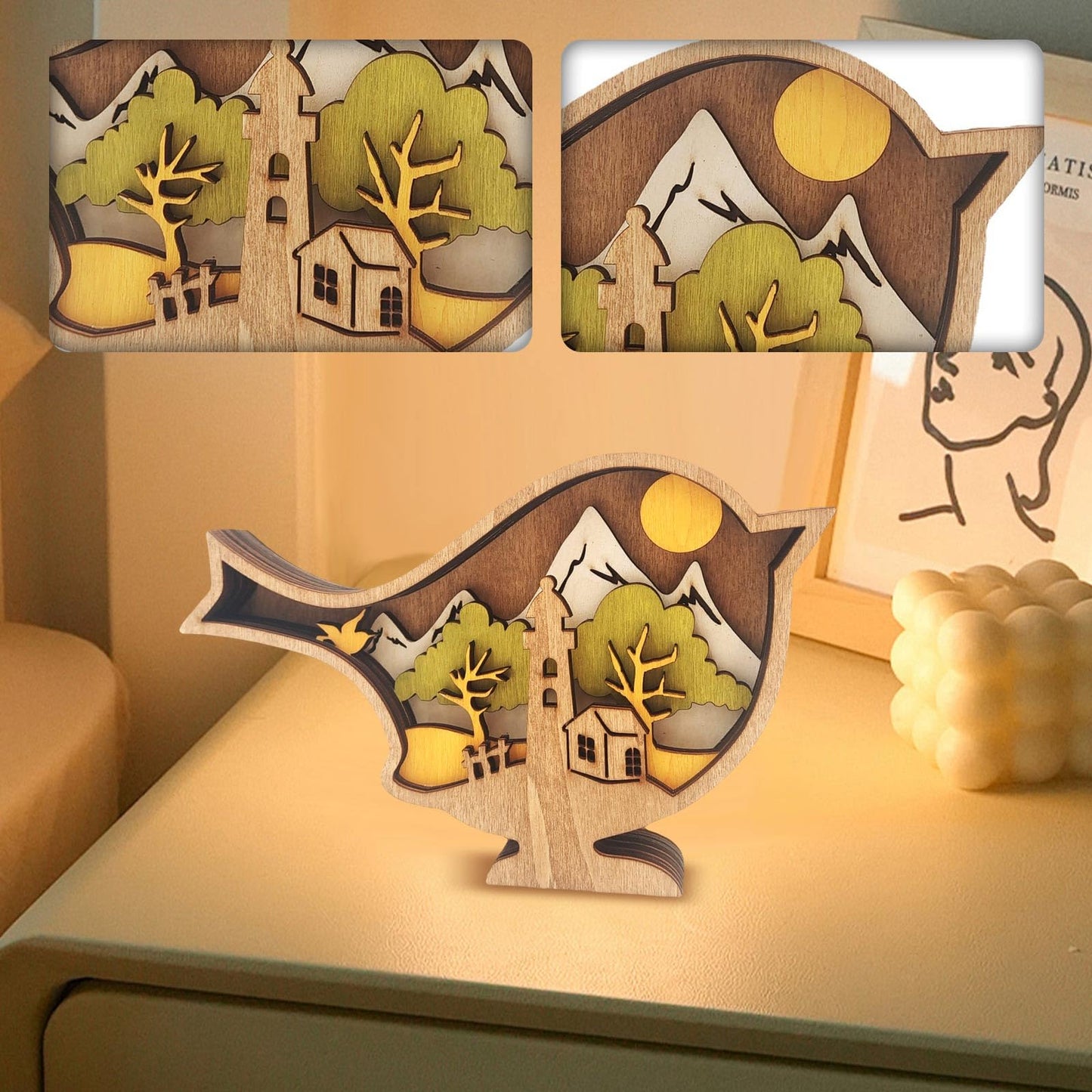 Drawelry 3D Wooden Carving Animals Lamp - Creative Fox Squirrel Wood Carved LED Night Light Garden Yard Wooden Animals Sculpture Ornaments Desktop Home Decor Birthday Gifts for Family Friend (Bird)