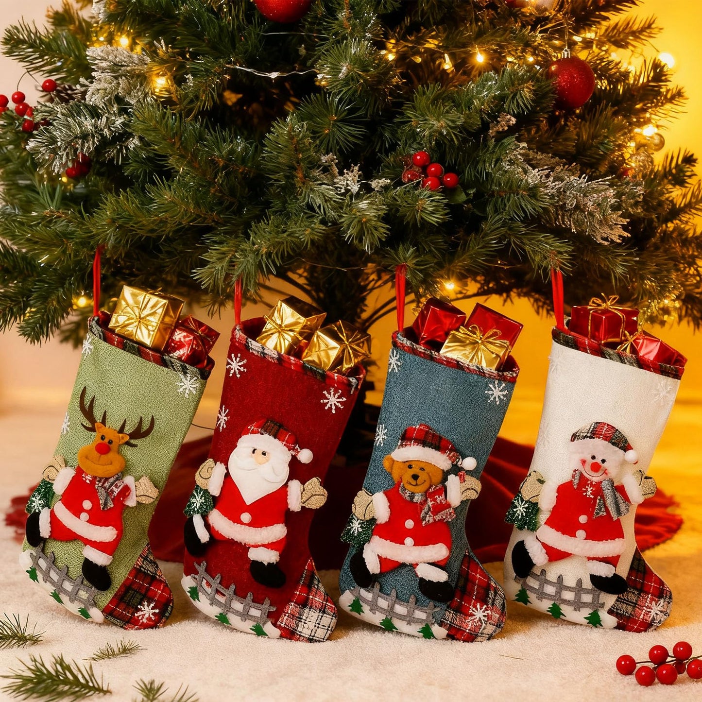 Poreids Christmas Stockings Personalized 4 Pack - Customized Small Xmas Stockings Bulk with Reindeer, Santa Claus, Snowman, Bear for Christmas Home Decorations, Set of 4