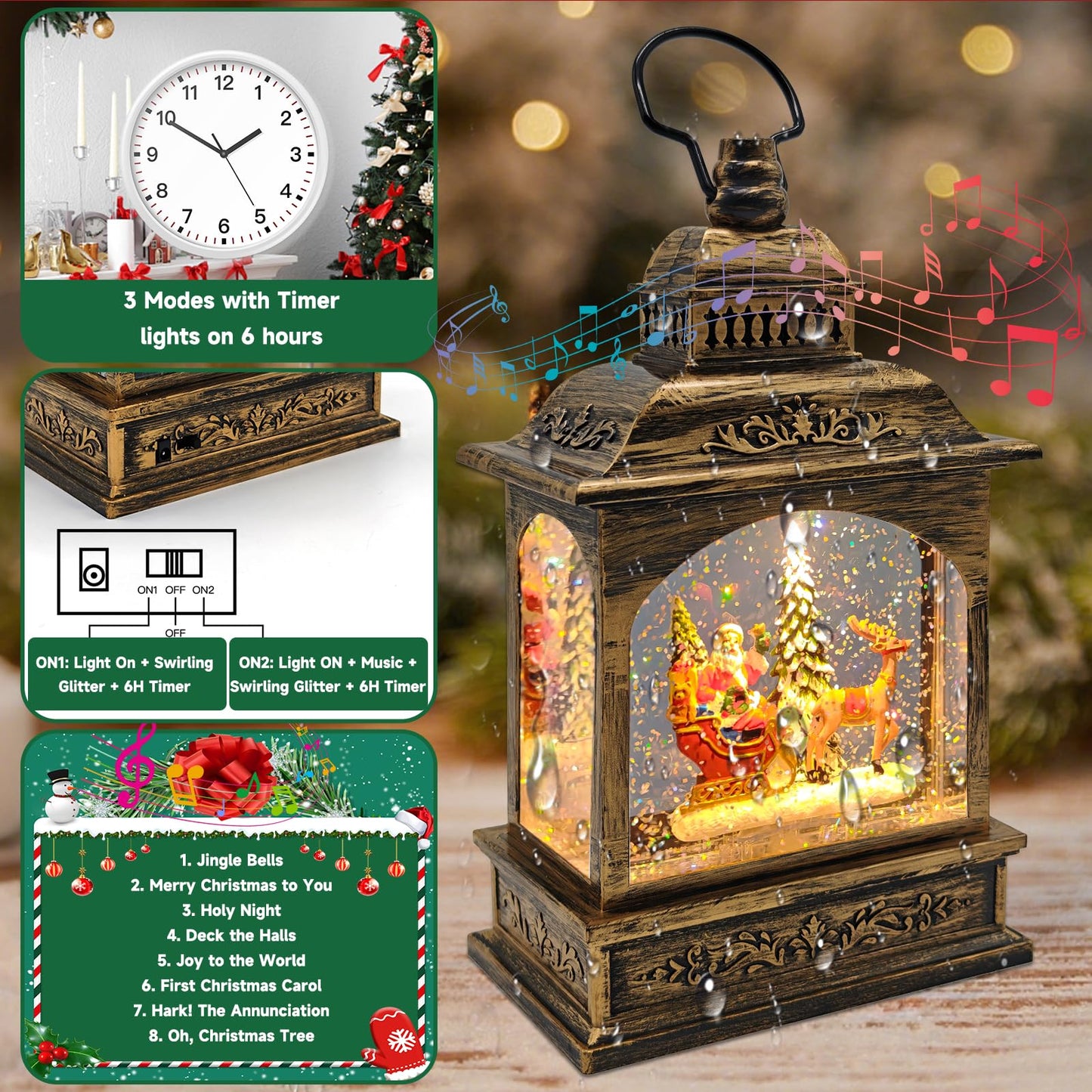 Christmas Snow Globes Lantern Water Swirling Glitter,with Santa Claus Projection/Auto 6H Timer/Music,Christmas Decorations Indoor Festival Home for Tabletop,USB/Battery Operated-Gifts for Kids Adults