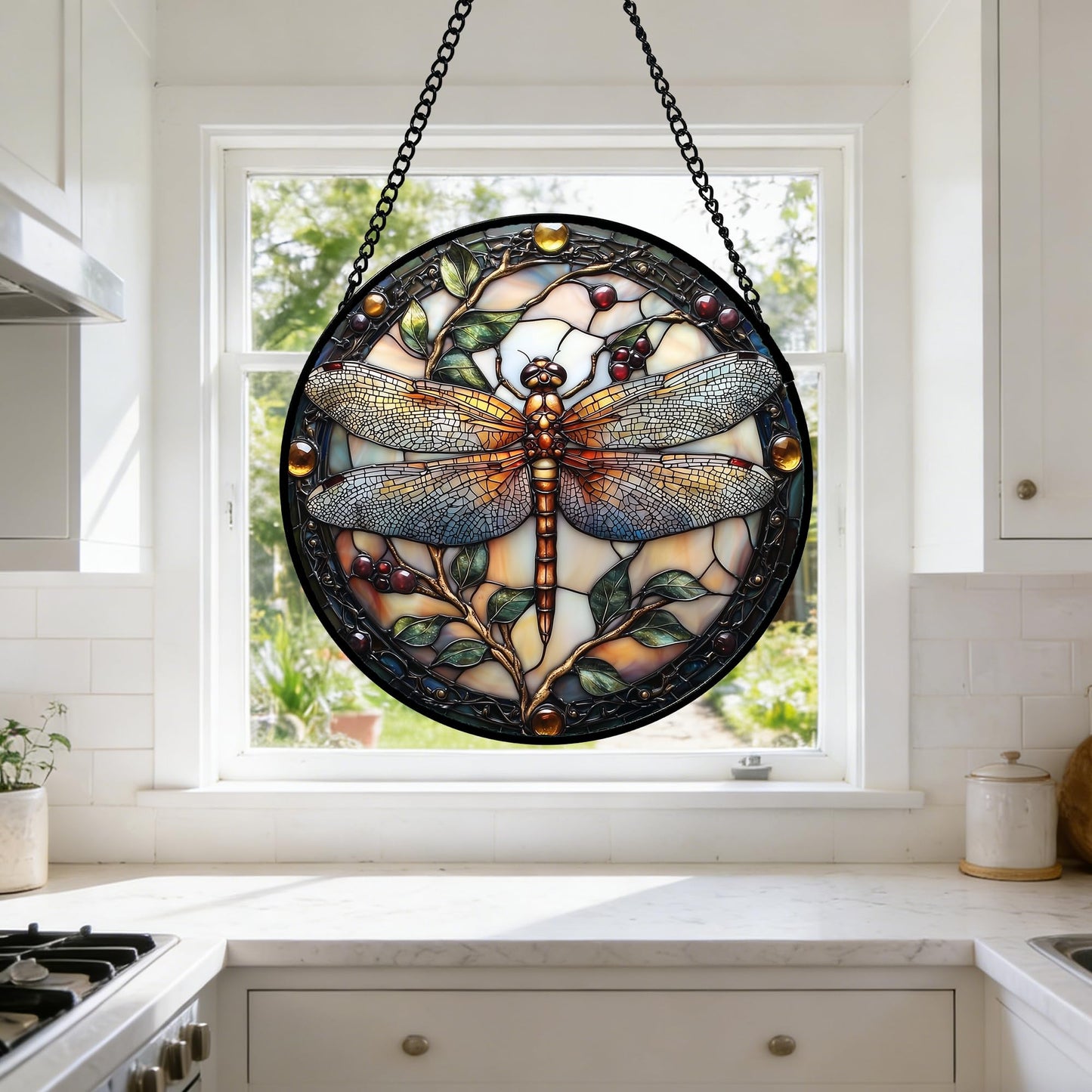DASTOLL Stained Glass Window Hanging - Dragonfly Plant Suncatcher Ready to Hang Window Doors Home Decoration, Christmas, Mother's Day Birthday Gifts for Women, Men, and Mom11.8x11.8 in