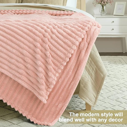 decorUhome Soft Fleece Pink Twin Blanket for Bed, Cozy Fluffy Plush Flannel Striped Throws for Couch Sofa, Lightweight Decorative Ribbed Fuzzy Blanket for Woman, 60x80 Inches