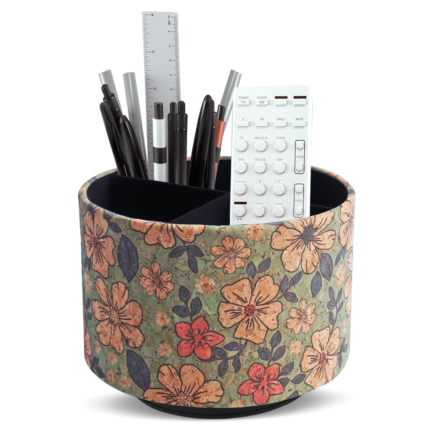 Lvkjafaz Round Leather Art Supply Organizer,Remote Control Holder,360 Degree Spinning,Multi-Functional Pencil Holder,4 Compartments Desktop Stationary Organizer(1-Wood Leather Green)