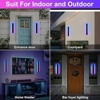 2 Pack LED RGB Outdoor Long Wall Lights,24 inch Outdoor Linear Light for Porch,Dimmable Wall Mounted Light Fixtures,Exterior Long Linear Lighting,Outside Lighting for Patio,House Front Door