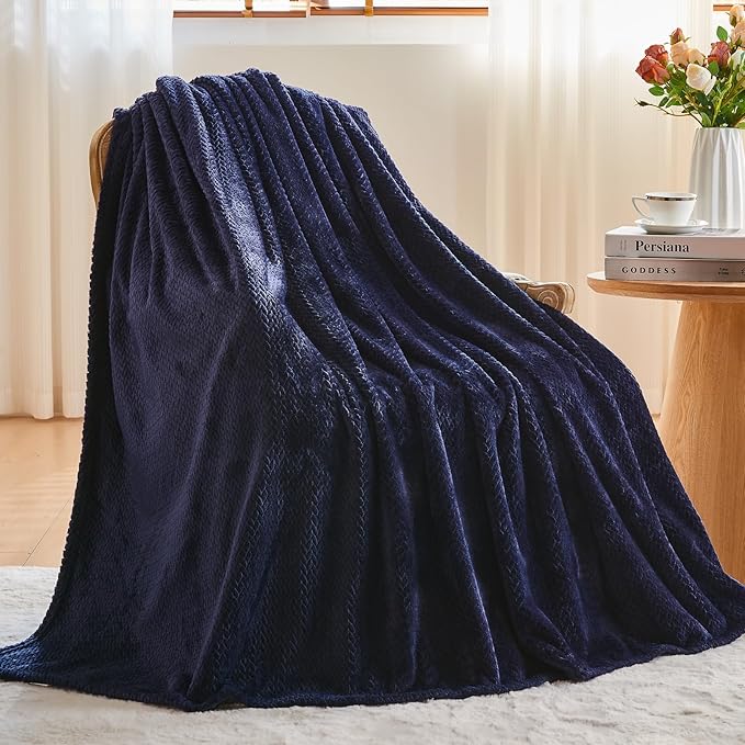 NEWCOSPLAY Super Soft Queen Blanket Dark Navy Premium Silky Flannel Fleece Leaves Pattern Lightweight Bed Blanket All Season Use (Dark Navy, Queen(90"x90"))