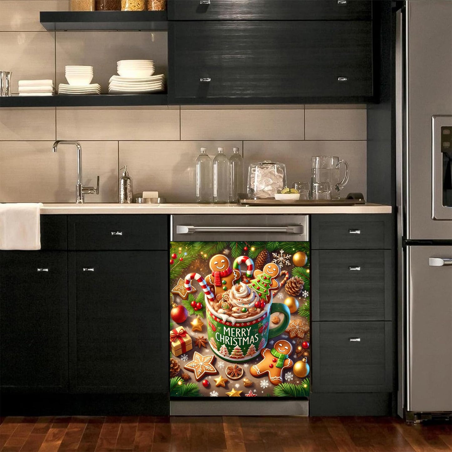 BVBOX Christmas Dishwasher Magnet Cover 23"x26", Reusable Magnetic Refrigerator Covers, Dishwasher Magnets Decorative Cover Fridge Door Skin Panel Stickers (Gingerbread Man Cocoa)