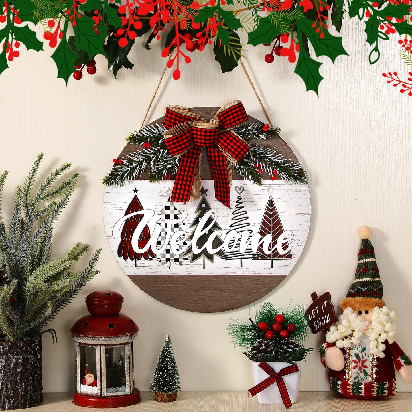 Boao Christmas Door Wreath Merry Christmas Welcome Hanging Wall Sign for Front Door 11.8'' Round Xmas Tree Winter Wreath Wooden Porch Sign with Bow Porch Farmhouse Home Wall Decor(Novel)