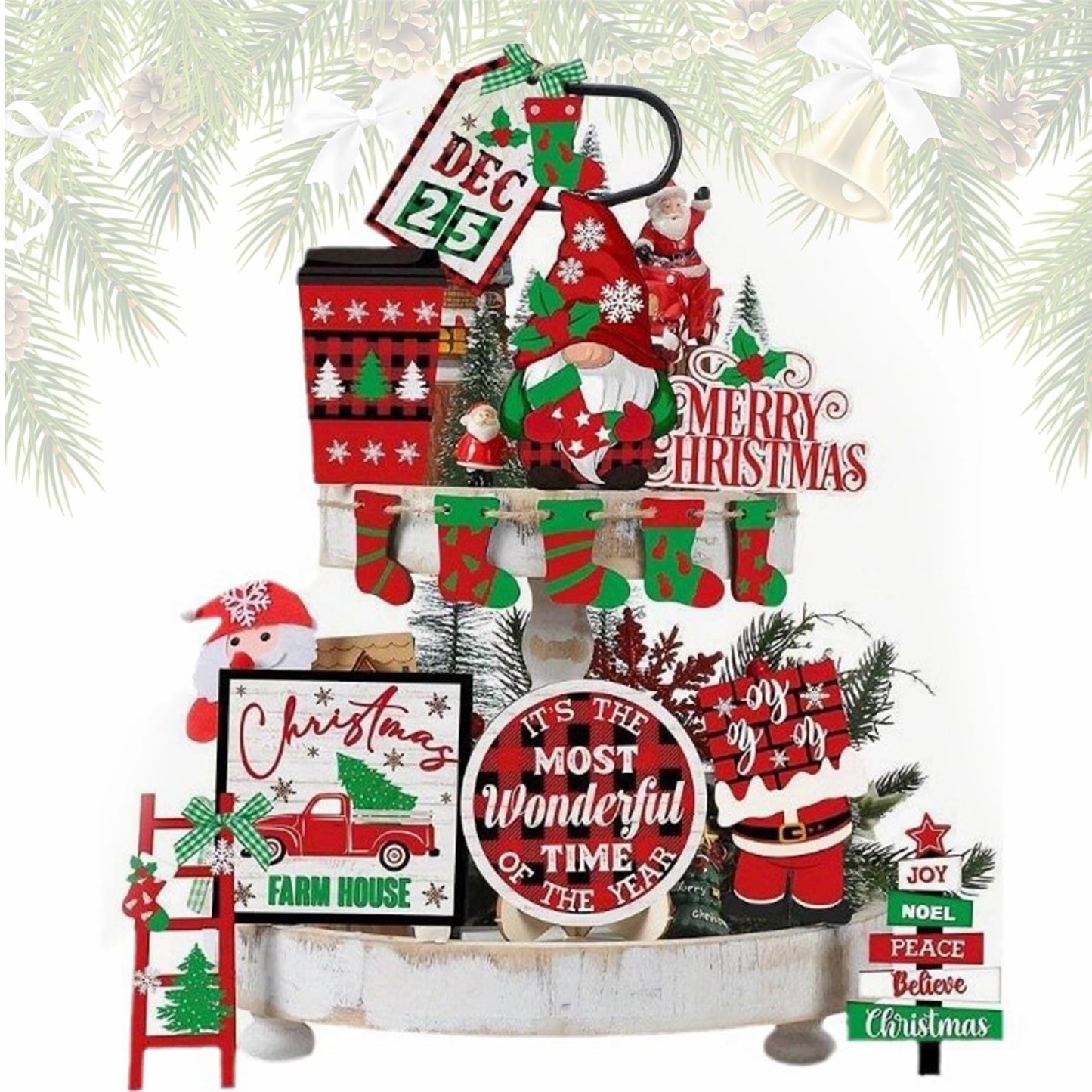 FRANDEK 14Pcs Christmas Tiered Tray Decoration Set, Wooden Winter Holiday Decor with Santa Gnome Sock Designs, Fireplace Mantel Centerpiece Decorations for Home Shelf Fireplace Kitchen Home Party