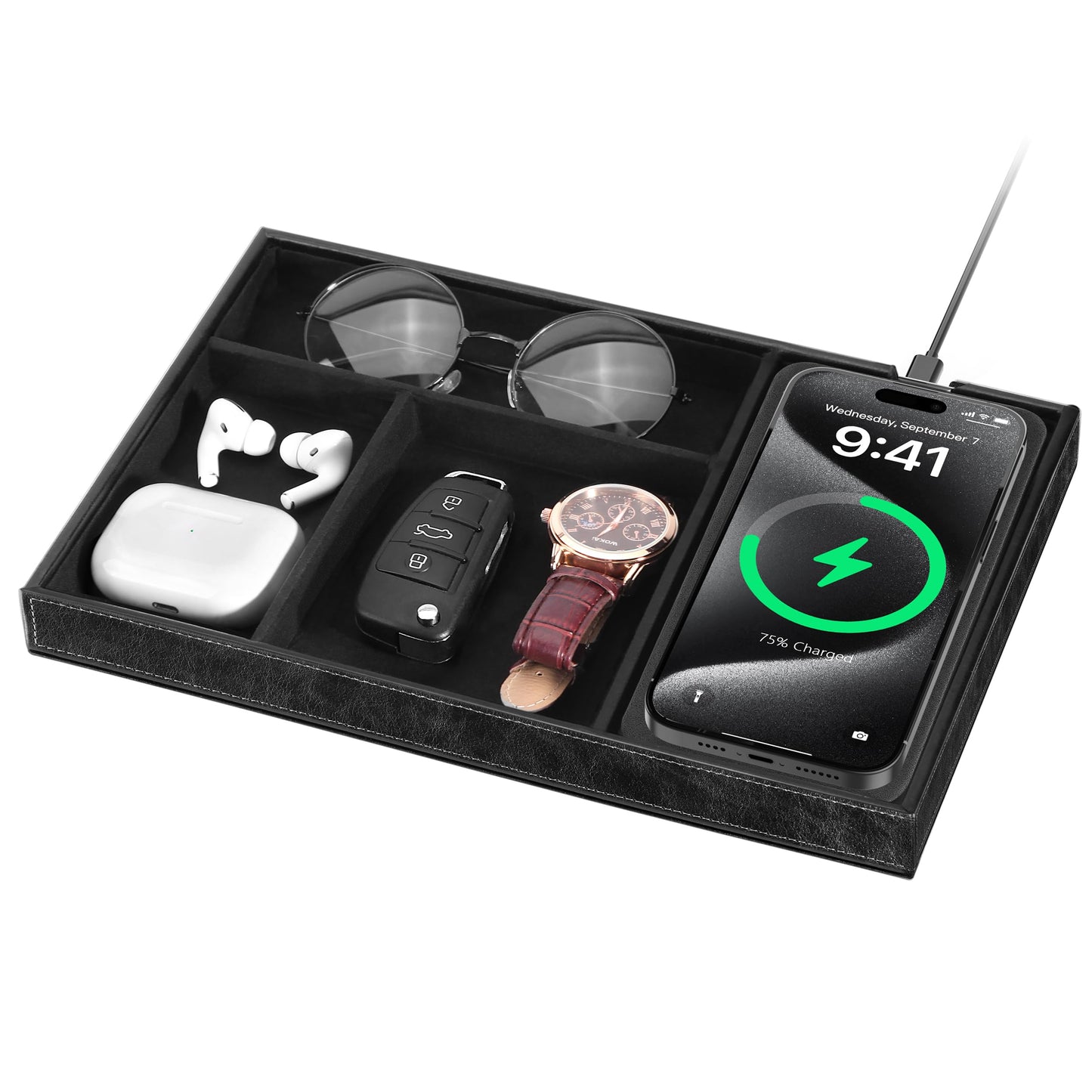 Investme Valet Tray with Wireless Charger, Nightstand Organizer for Men, EDC Catchall Tray for Keys, Watch, Wallet, Jewellery, Premium Vegan Leather, Bedside Caddy, Stylish and Organized, PU Black