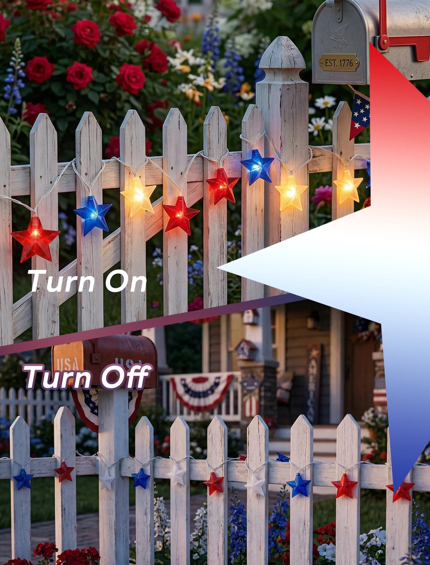 Romasaty 12FT Red White Blue Star String Lights, 4th of July Decorations Lights with 20 LED Star Lights, Plug in Patriotic Lights for Indoor Outdoor Independence Day Memorial Party Home Patio Decor