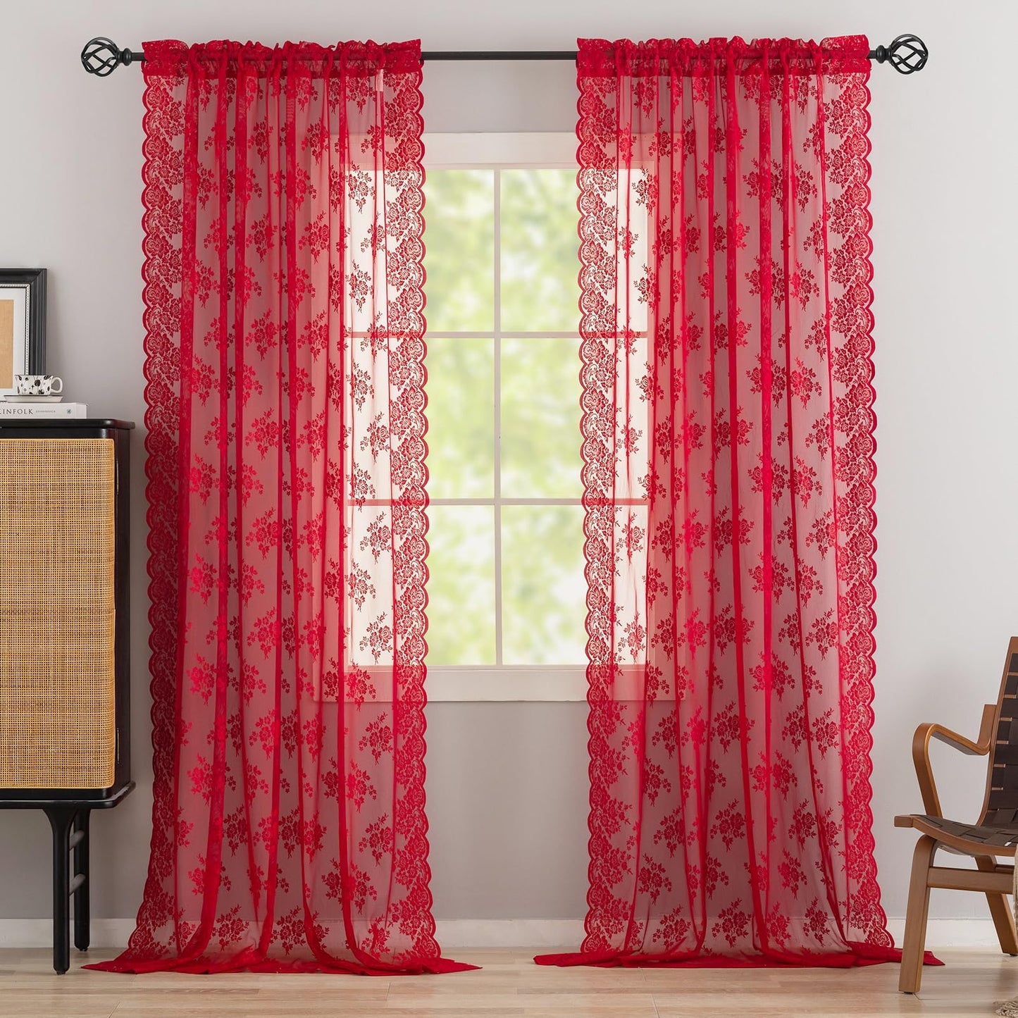 Kotile Red Sheer Lace Curtains 96 Inches Long, W52 x L96 Inch, 2 Panels Country Rustic Floral Red Lace Curtains for Living Room, Rod Pocket Privacy Light Filtering Christmas Sheer Window Curtain