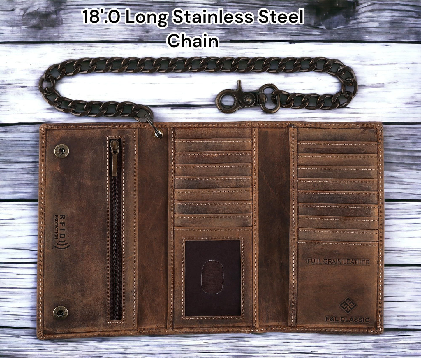 F&L CLASSIC RFID Blocking Mens Tri-fold Long Style Cowhide Leather Steel Chain Wallet,brown distress with skull,212-70
