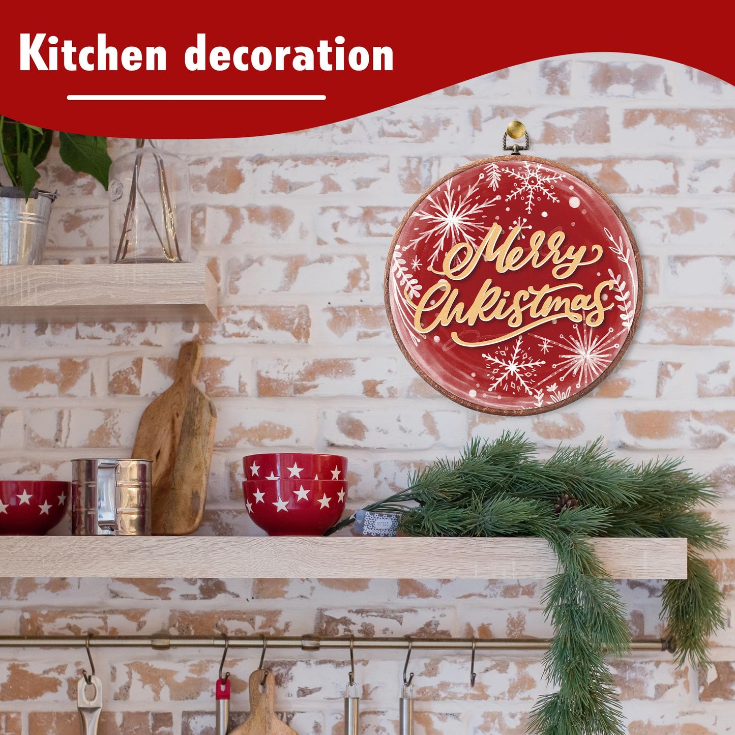 Round Merry Christmas Canvas Wall Art, 10x10 Inches Winter Snowflake Round Wall Art Framed, Christmas Embroidery Kit Decor for Home Living Room, Xmas Gift Ideas for Family Friends(Red)-A06
