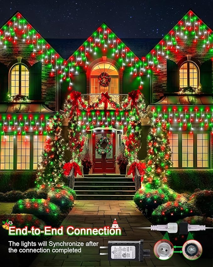 159 FT Christmas Lights Outdoor, 1458 LED Waterproof Outside Christmas Lights Plug in, Timer & Memory, 8 Modes Fairy Lights with 324 Drops for House Eaves Yard Patio Red Green and Cool White