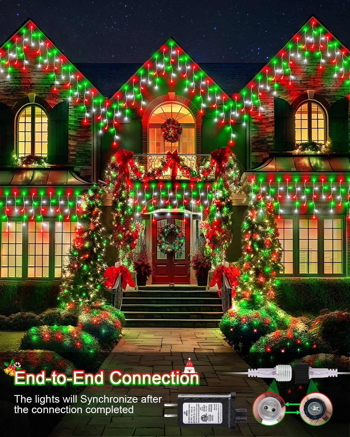 Christmas Lights Outdoor, 53 FT 486 LED Christmas Lights for Outside, Timer & Memory, Plug in 8 Modes Hanging Fairy Light with 108 Drops for House Eaves Yard Patio Decorations, Red Green and White