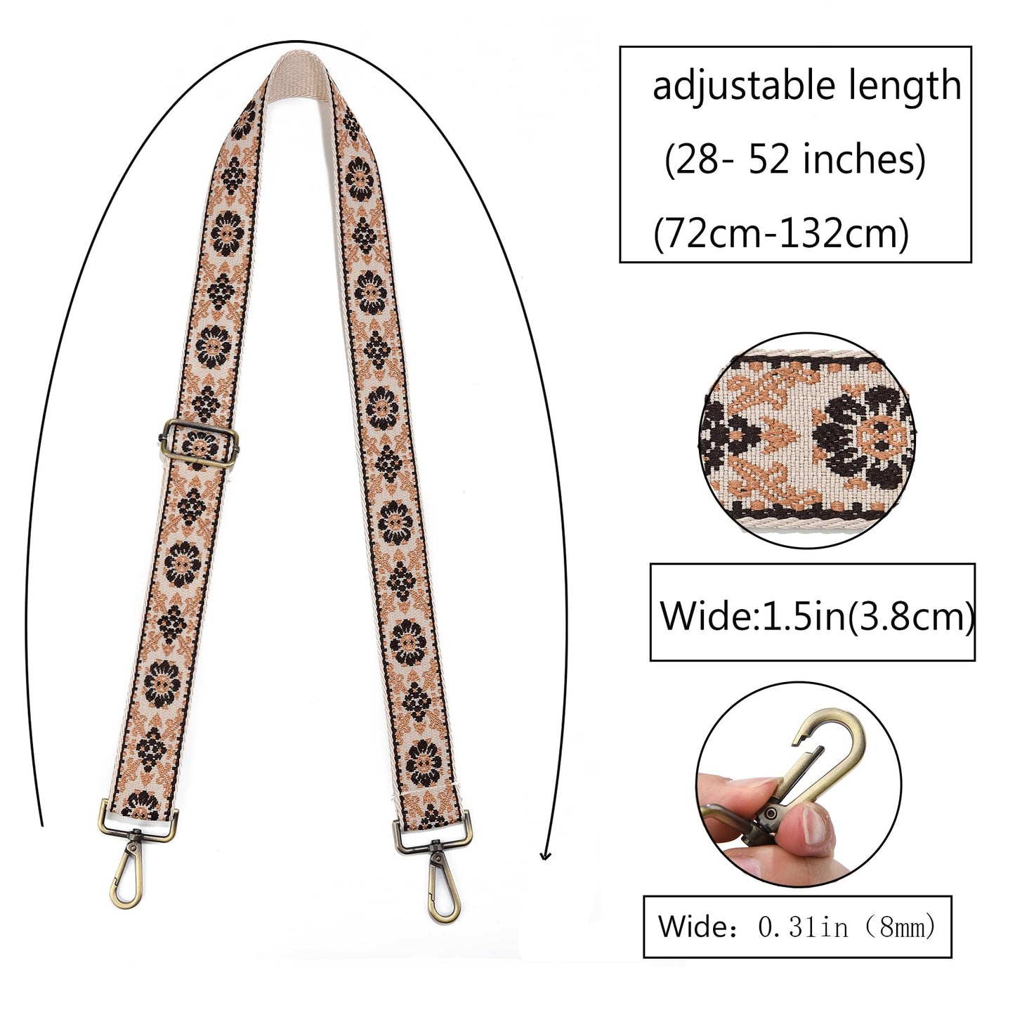 LVYOUME Purse Strap Adjustable Replacement BeltsBrushed Brass Hardware Retro Jacquard Embroidery Wide Bag Straps for Canvas Crossbody Purses Messenger Bags Shoulder Handbags