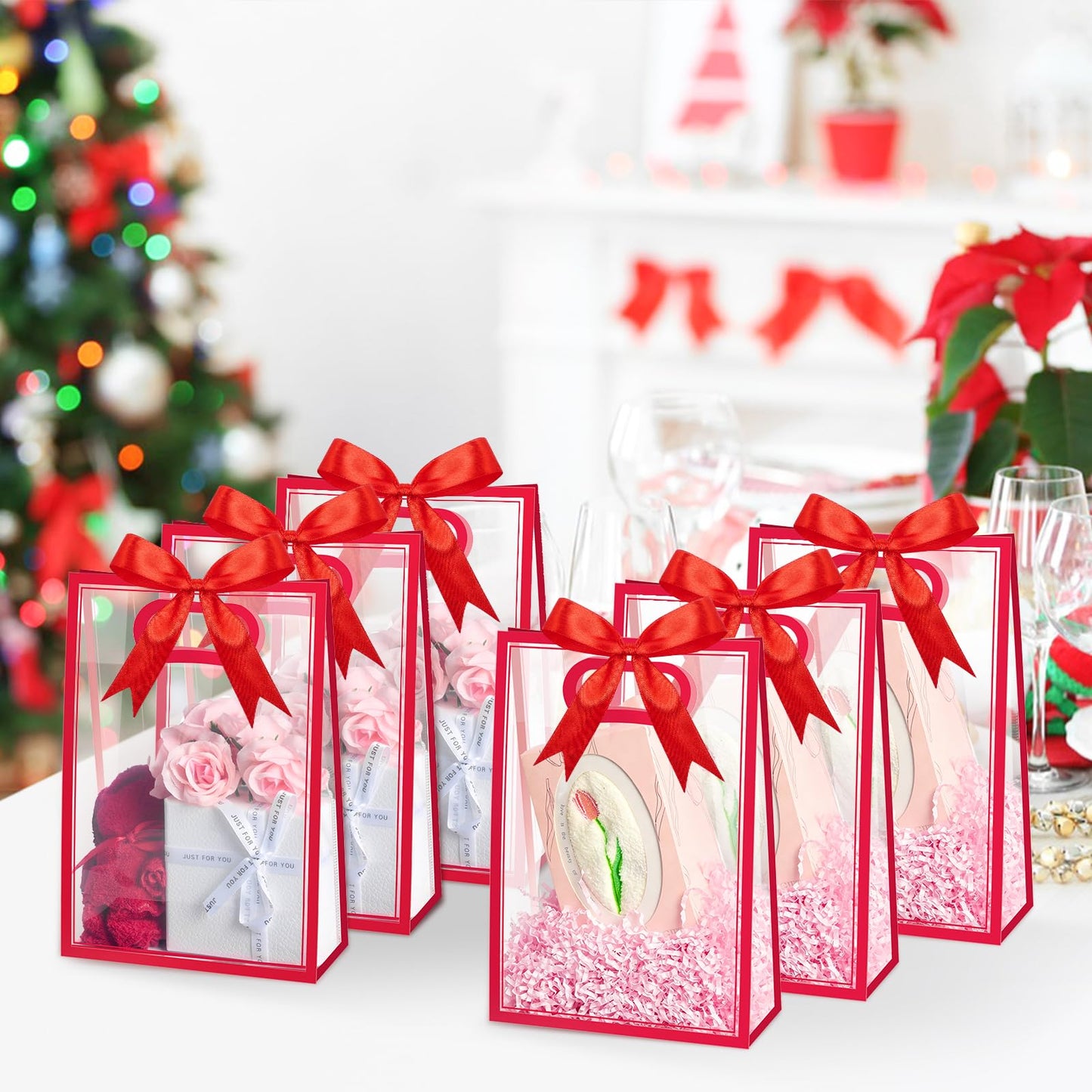Ohuimrt Clear Plastic Gift Bags with Handles, 12 Pack, Red