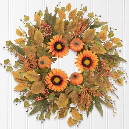 Fall Wreaths for Front Door 24 Inch Thanksgiving Autumn Wreath with Artificial Pumpkin Eucalyptus Sunflower Leaves Harvest Halloween Decorations Porch Farmhouse Outdoor Indoor Home Hanging Decor
