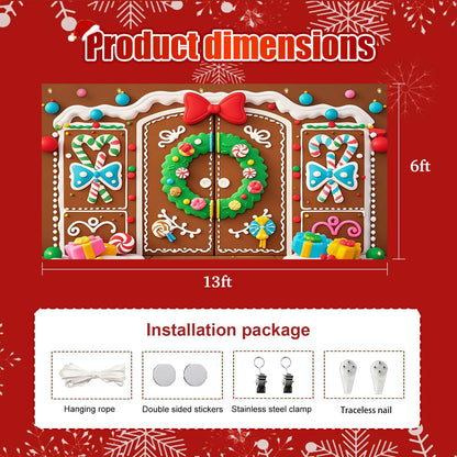 HOMETITUTE Christmas Garage Door Banner 13x6ft Gingerbread House Double Door Cover Candy Cane Backdrop Holiday Party Scene Winter Indoor Outdoor Sweet Wall Hanging Festive Gift Box Season