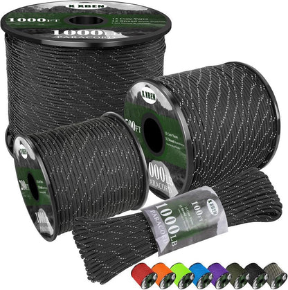 Reflective Paracord 1000lb - Heavy Duty 4mm 13 Strand Rope for Camping, Fishing, Hiking | Black 50/100/200/500/1000ft